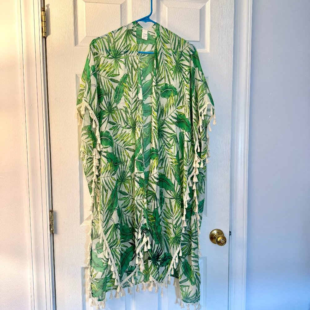 green Leaf print Kimono or boho beach over-up with fringe detail